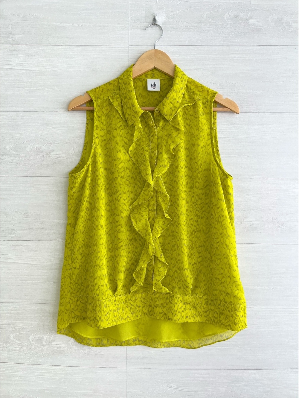 CAbi Reign Blouse #3071 M Chartreuse Lime Animal Print Ruffle Sleeveless Top